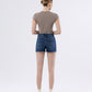 Back product images of Lake Of Fire - High Rise Clean Cut Raw Hem Denim Shorts