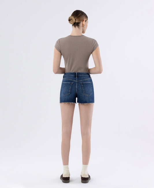 Back product images of Lake Of Fire - High Rise Clean Cut Raw Hem Denim Shorts