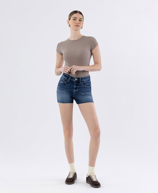 Front product images of Lake Of Fire - High Rise Clean Cut Raw Hem Denim Shorts
