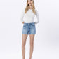 Front product images of Riptide - High Rise Raw Hem Relaxed Denim Shorts