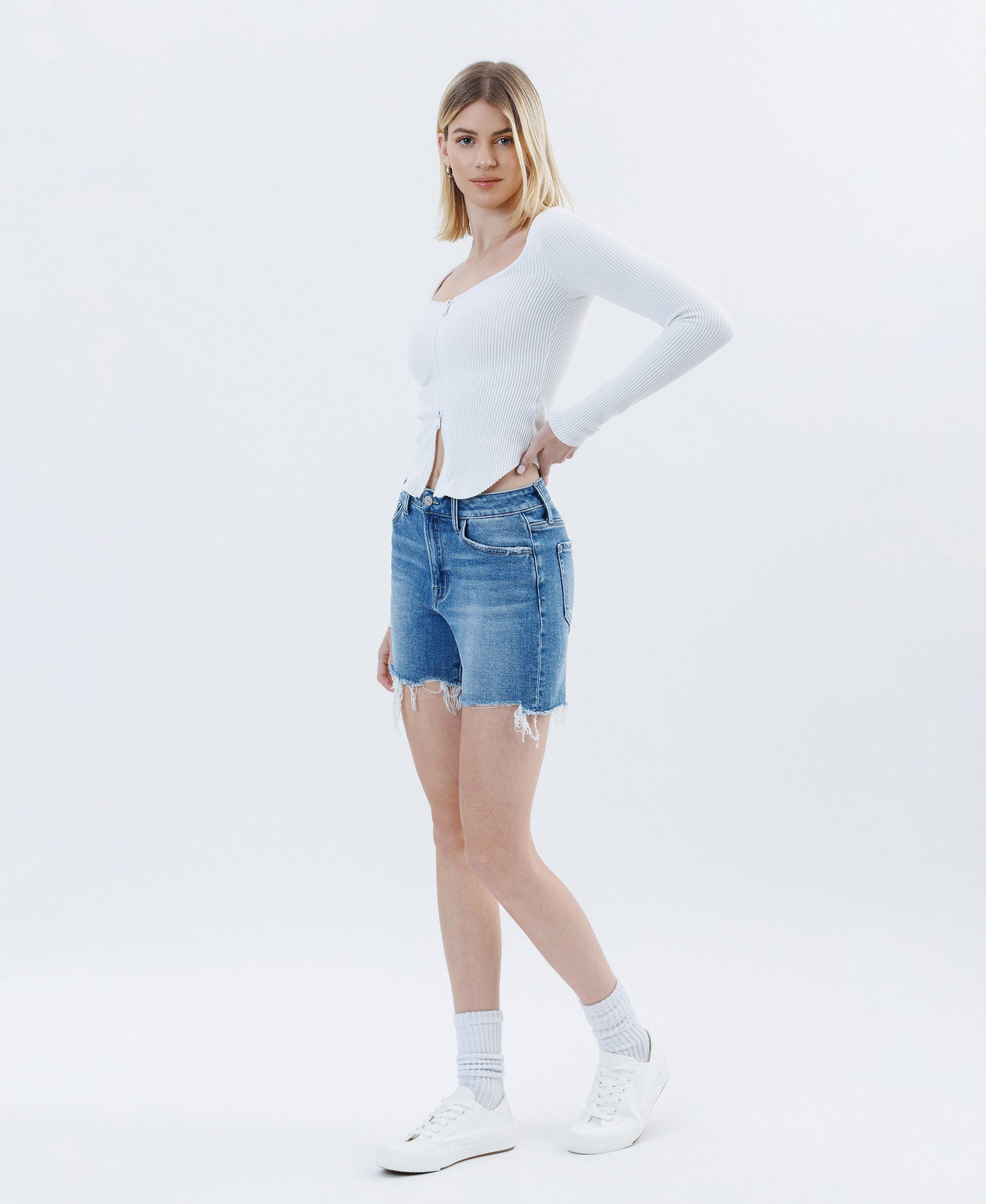 Left 45 degrees product image of Open Minded - High Rise Raw Hem Boyfriend Denim Shorts