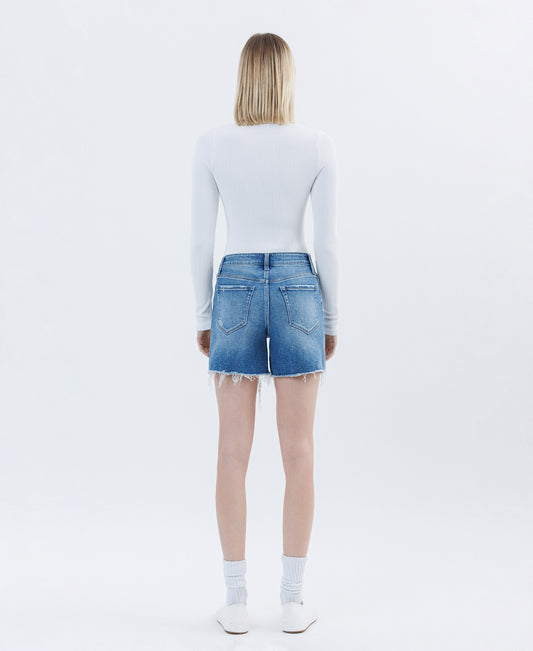 Back product images of Open Minded - High Rise Raw Hem Boyfriend Denim Shorts