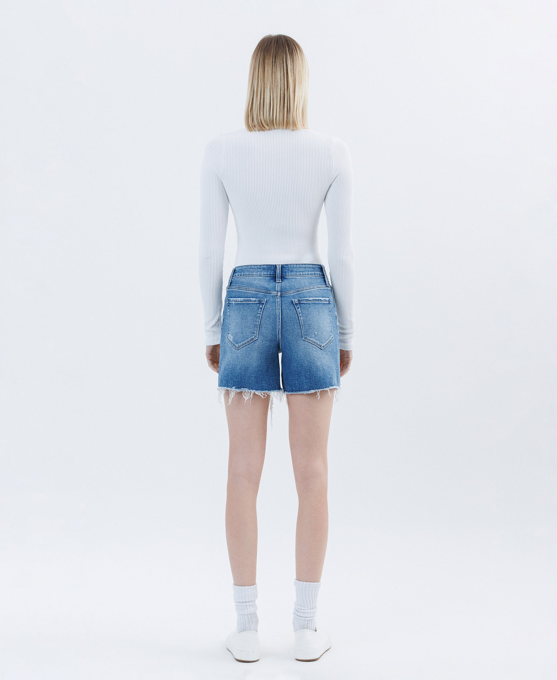 Back product images of Open Minded - High Rise Raw Hem Boyfriend Denim Shorts