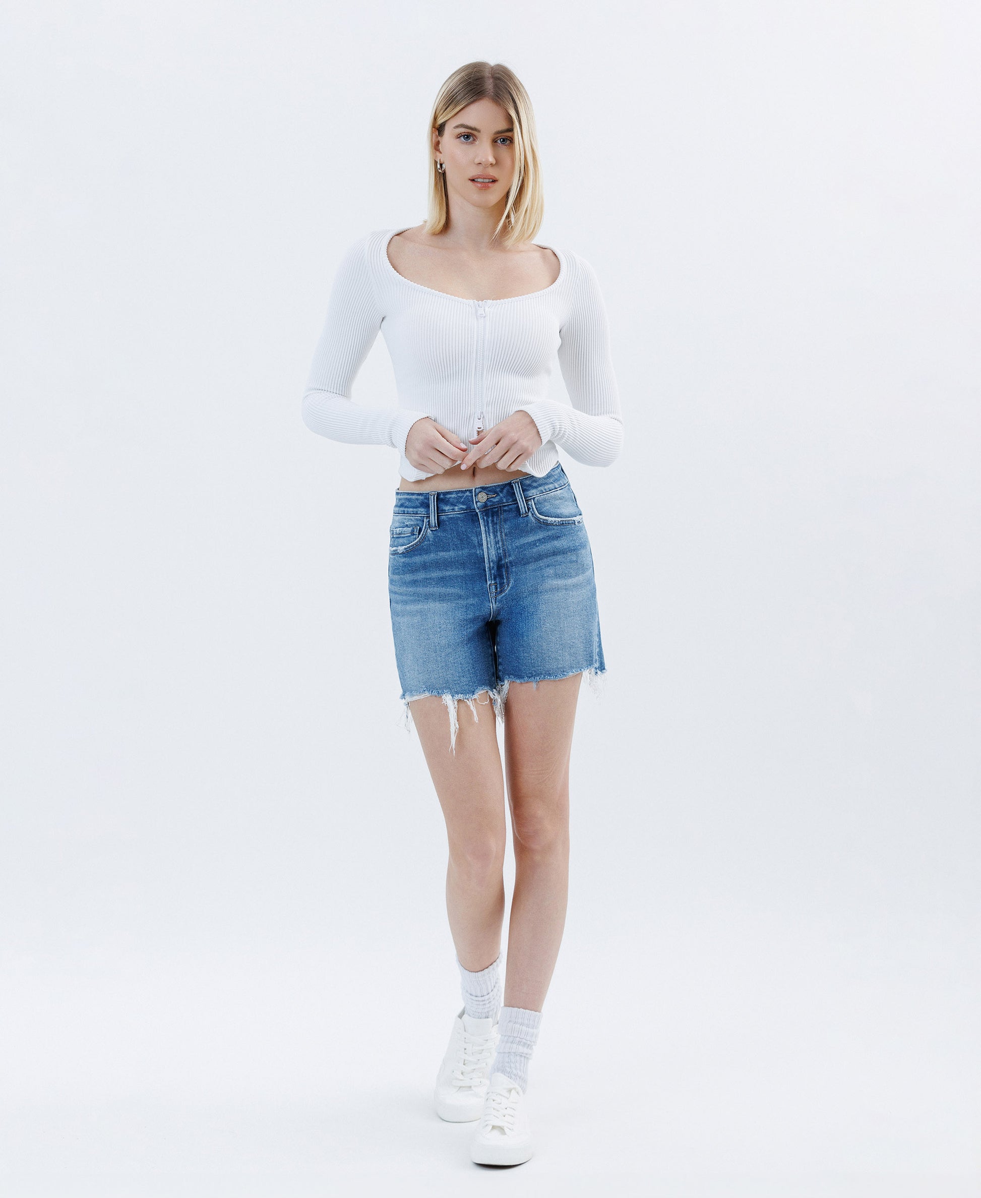 Front product images of Open Minded - High Rise Raw Hem Boyfriend Denim Shorts