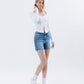 Right 45 degrees product image of Open Minded - High Rise Raw Hem Boyfriend Denim Shorts