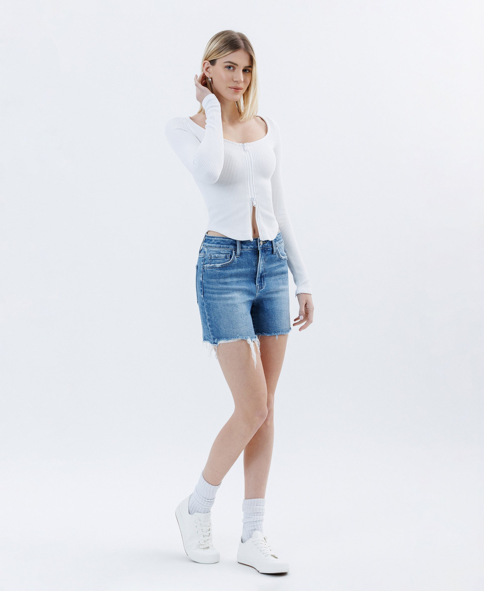 Right 45 degrees product image of Open Minded - High Rise Raw Hem Boyfriend Denim Shorts