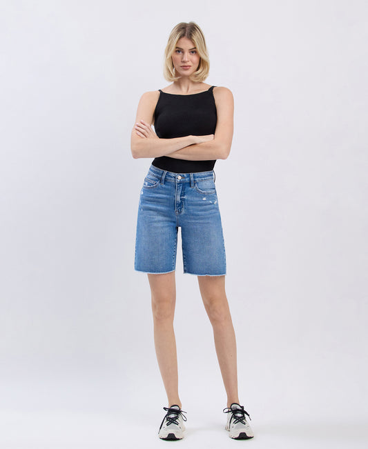 Front product images of Valour - High Rise Raw Hem Bermuda Denim Shorts