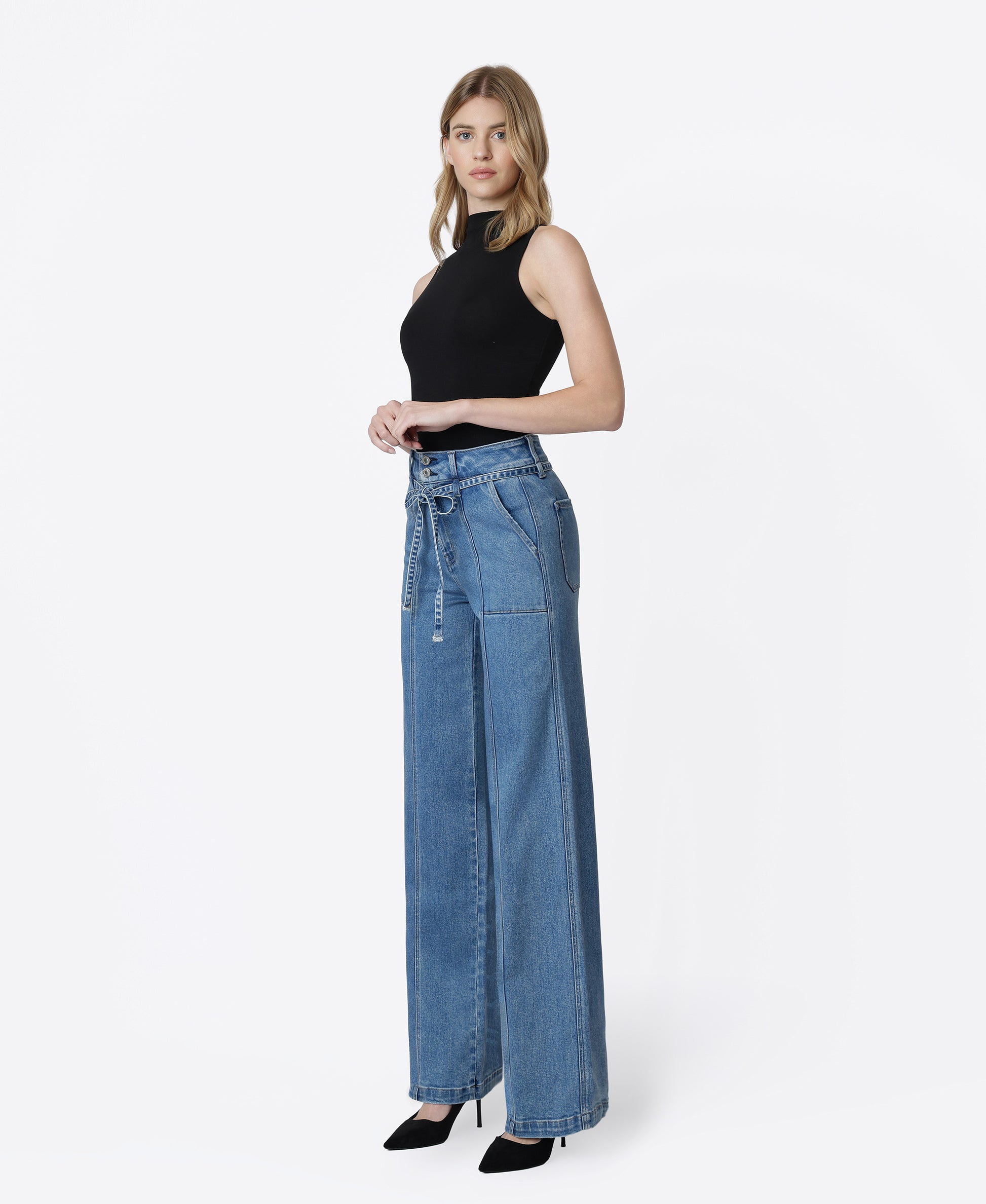 Left 45 degrees product image of Lush Life - Super High Rise Tie Waistband Wide Leg Jeans