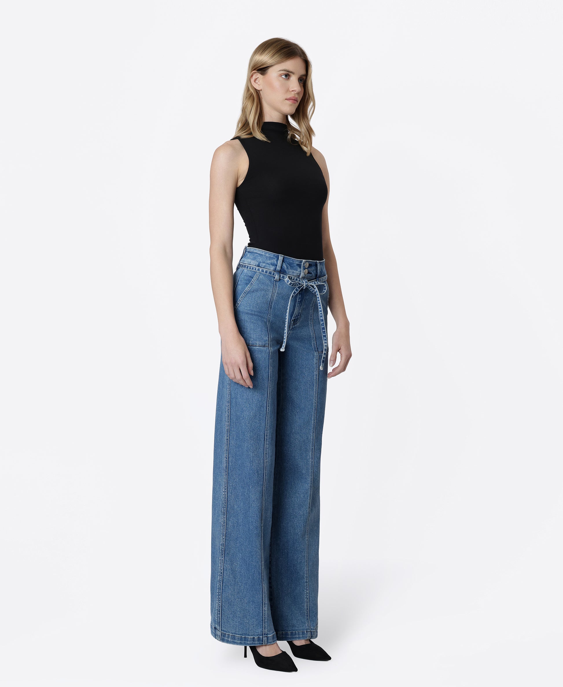 Right 45 degrees product image of Lush Life - Super High Rise Tie Waistband Wide Leg Jeans