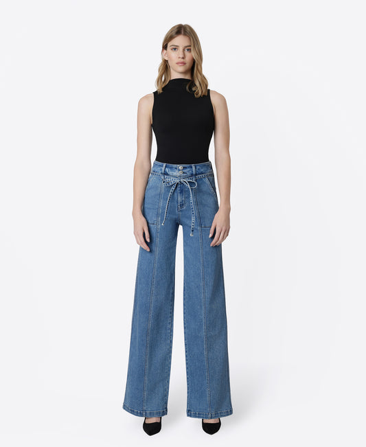 Front product images of Lush Life - Super High Rise Tie Waistband Wide Leg Jeans