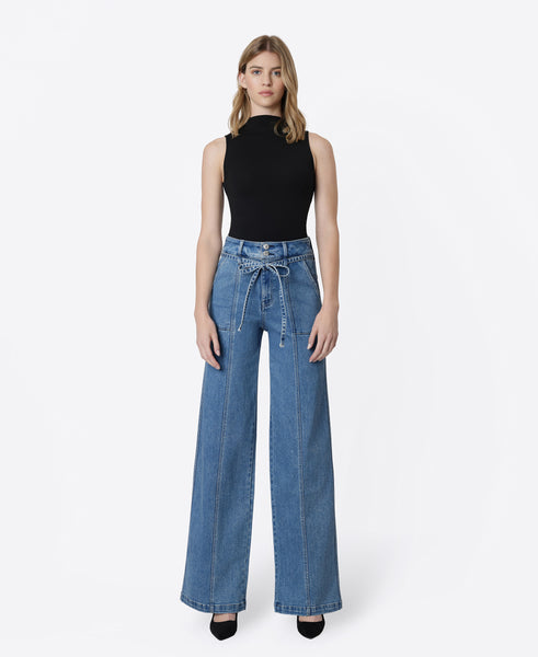 VERVET Lush Life Super High Rise Tie Waistband Wide Leg Jeans