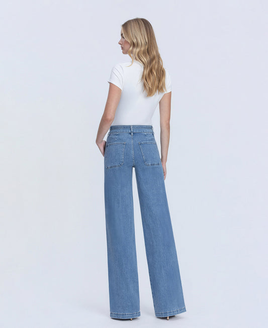 Back product images of Lush Life - Super High Rise Tie Waistband Wide Leg Jeans