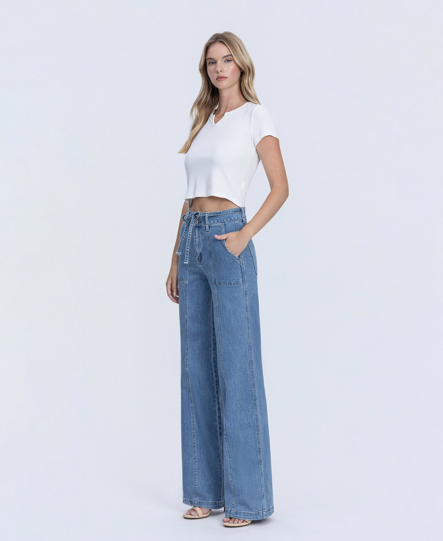 Left 45 degrees product image of Lush Life - Super High Rise Tie Waistband Wide Leg Jeans