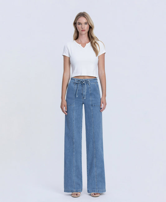 Front product images of Lush Life - Super High Rise Tie Waistband Wide Leg Jeans