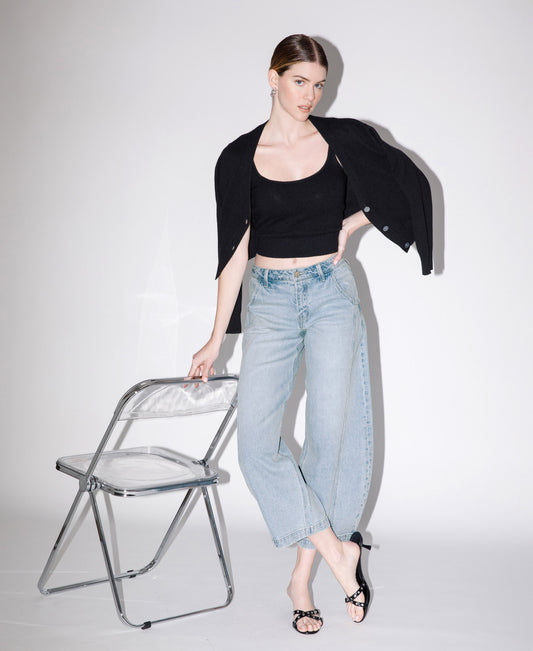 editorial image of Marvelousness - High Rise Front Seam Extreme Wide Barrel Jeans
