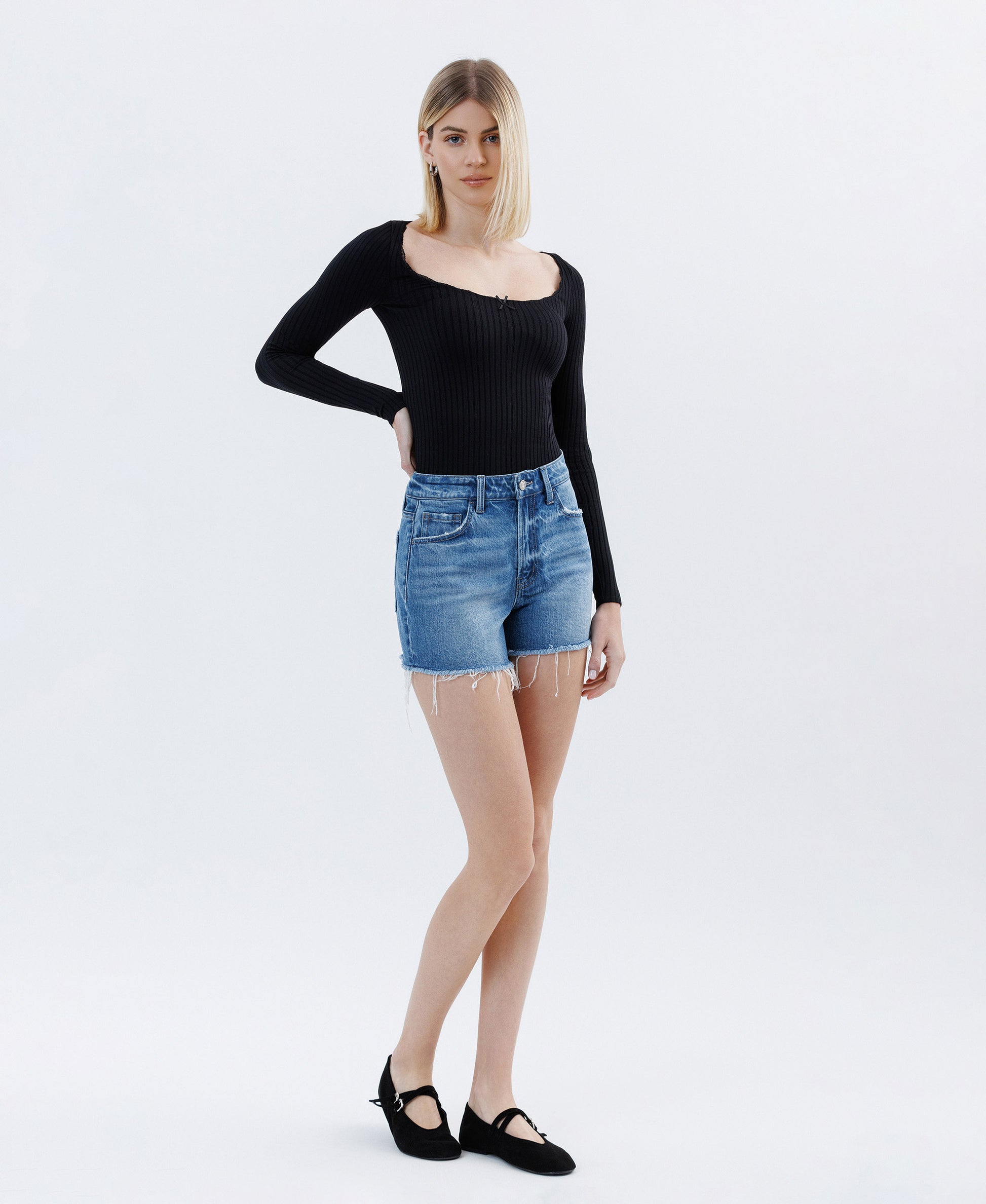 Right 45 degrees product image of Front product images of Amicably - High Rise Raw Hem Denim Shorts