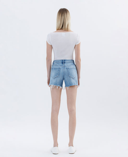 Left 45 degrees product image of Back product images of Very Best - High Rise Raw Side Step Hem Denim Shorts