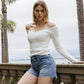 editorial image of Very Best - High Rise Raw Side Step Hem Denim Shorts