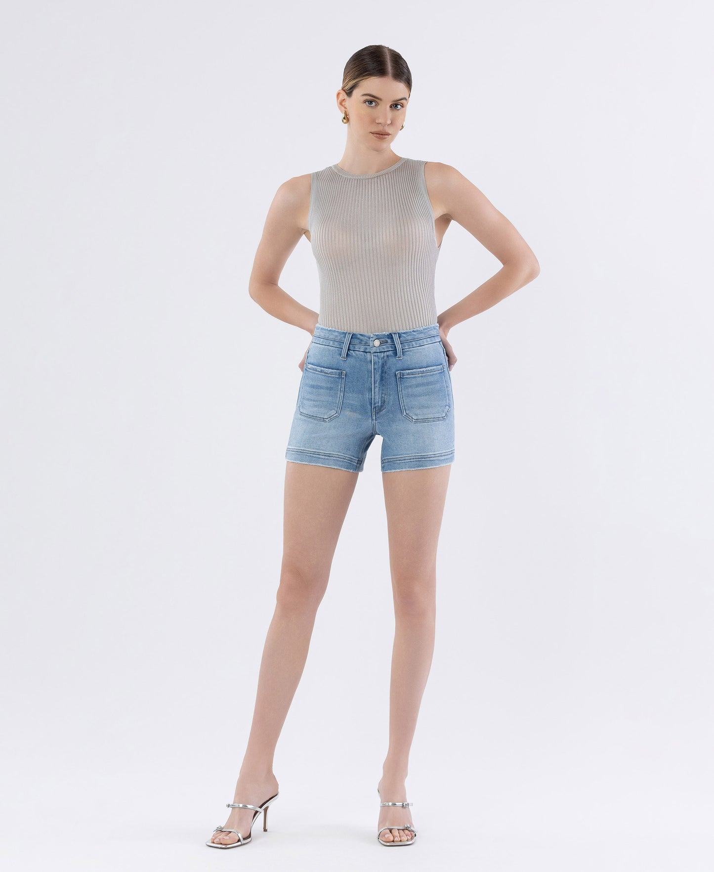Front product images of Dutifully - High Rise Seamless Waistband Denim Shorts