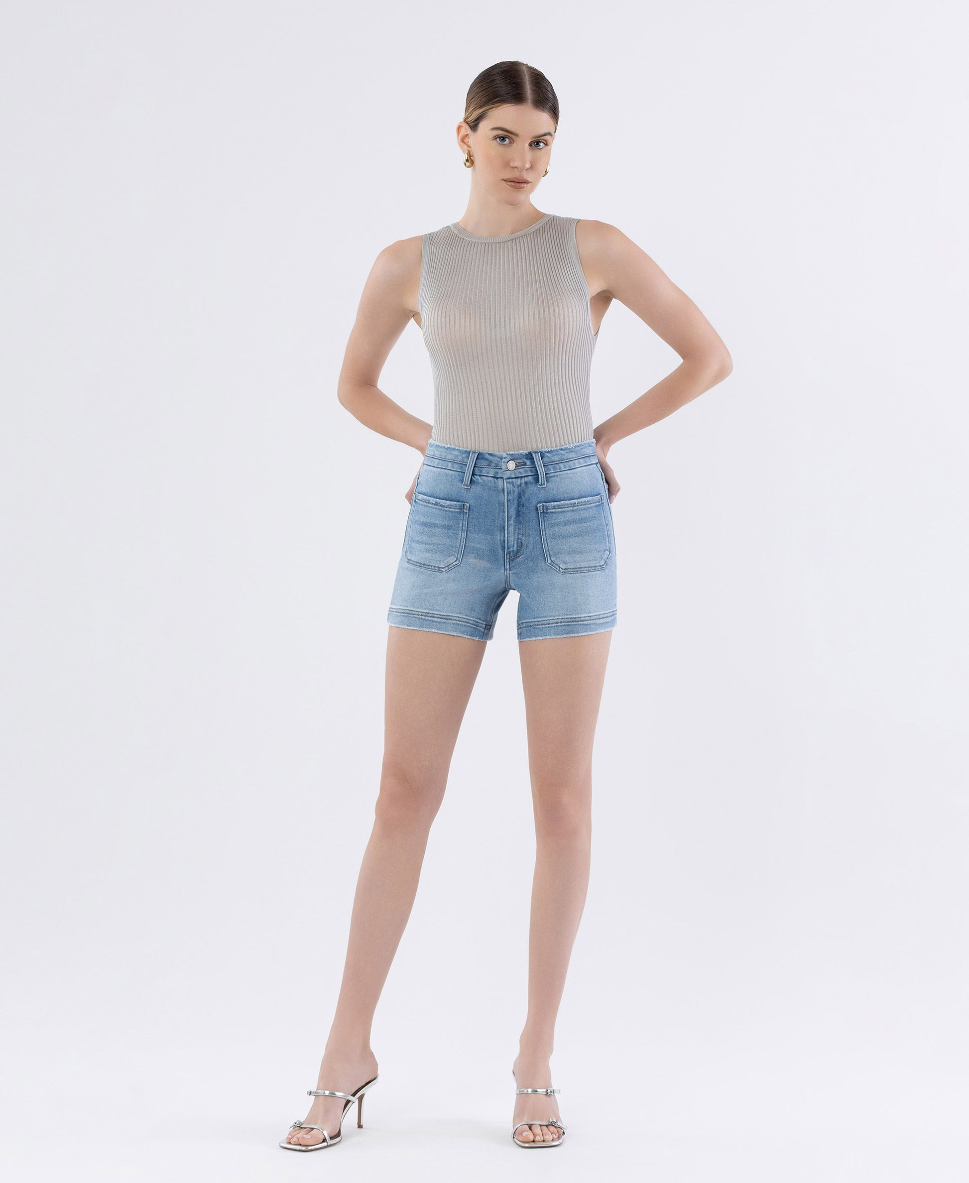 Front product images of Dutifully - High Rise Seamless Waistband Denim Shorts