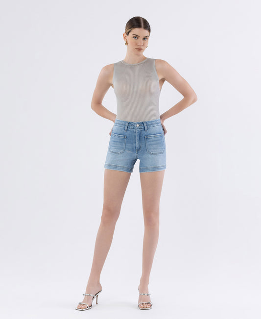 Front product images of Dutifully - High Rise Seamless Waistband Denim Shorts