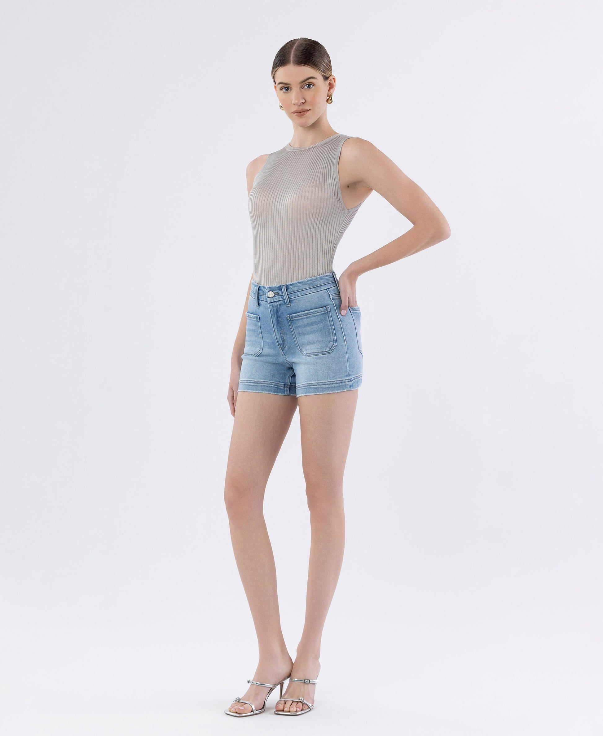 Left 45 degrees product image of Dutifully - High Rise Seamless Waistband Denim Shorts