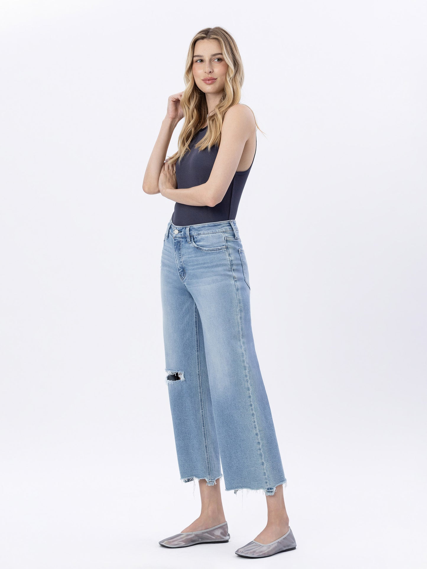 Left 45 degrees product image of Enviably - High Rise Uneven Raw Hem Crop Wide Leg Jeans