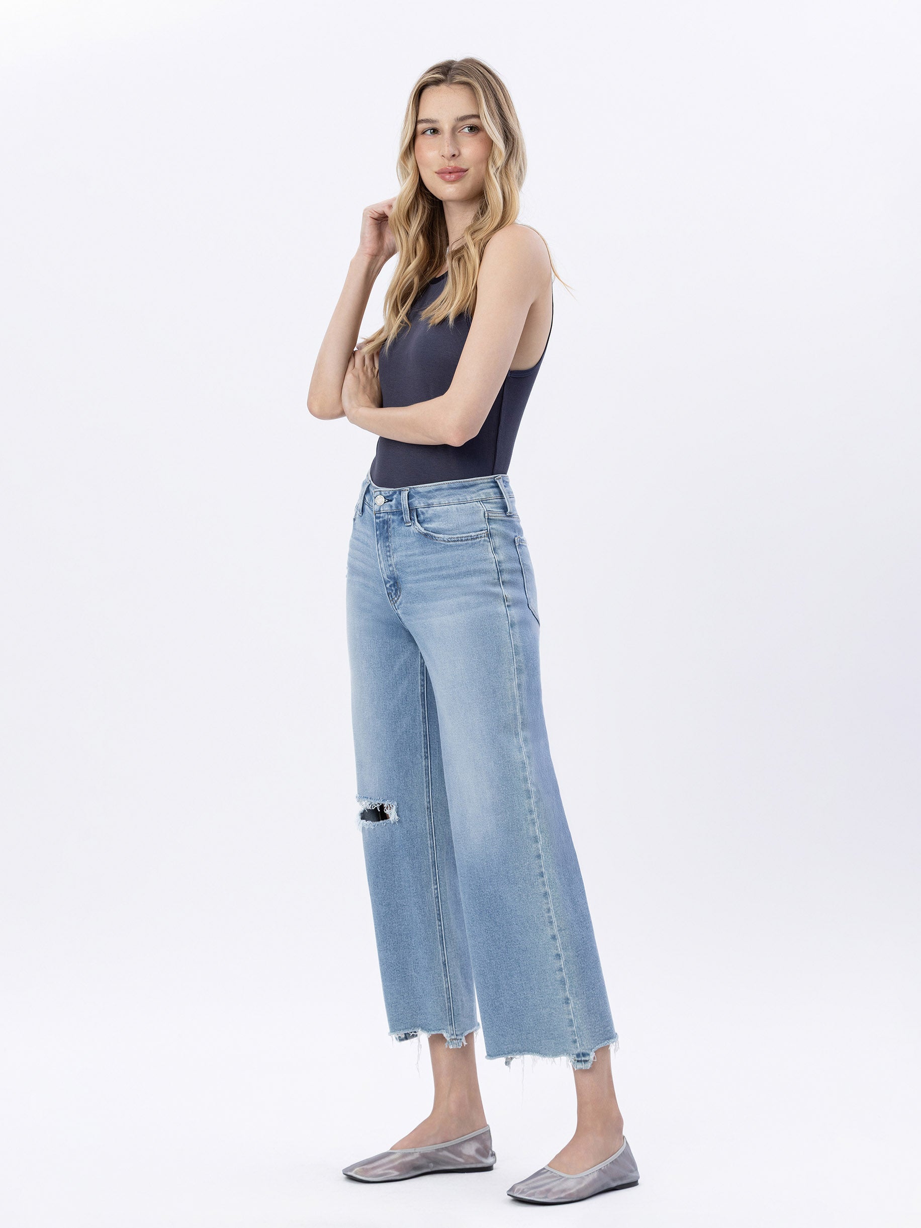 Left 45 degrees product image of Enviably - High Rise Uneven Raw Hem Crop Wide Leg Jeans