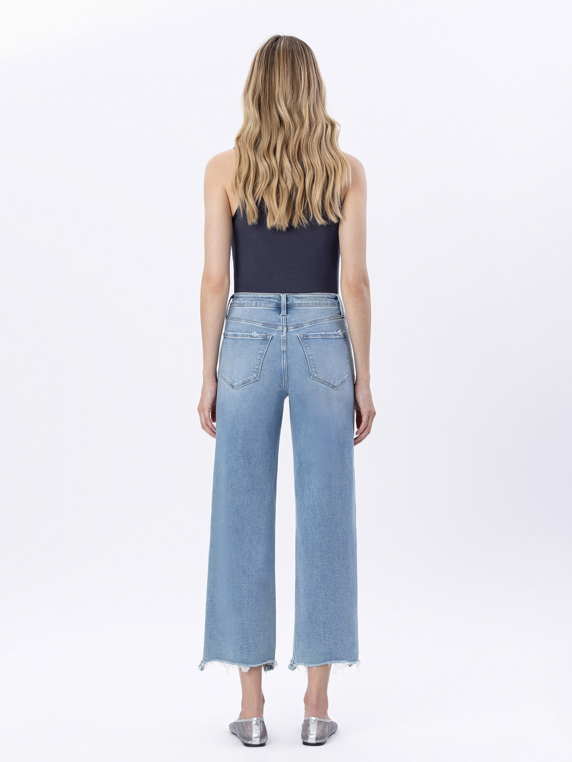 Back product images of Enviably - High Rise Uneven Raw Hem Crop Wide Leg Jeans