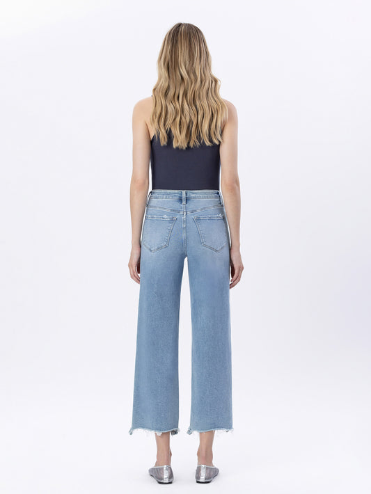 Back product images of Enviably - High Rise Uneven Raw Hem Crop Wide Leg Jeans
