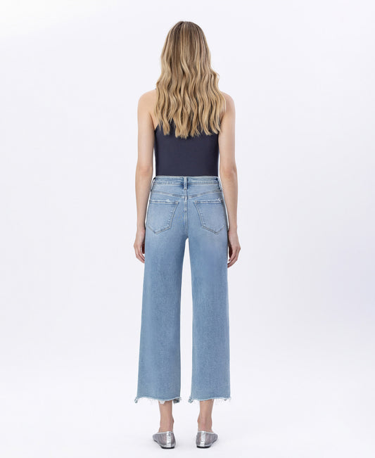 Back product images of Enviably - High Rise Uneven Raw Hem Crop Wide Leg Jeans