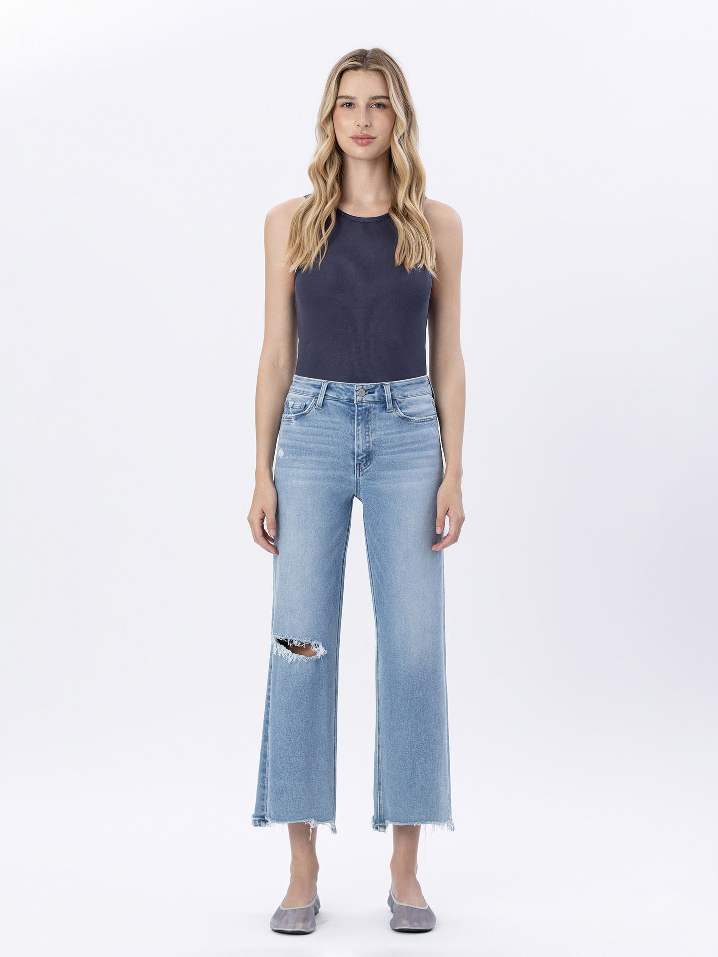 Front product images of Enviably - High Rise Uneven Raw Hem Crop Wide Leg Jeans
