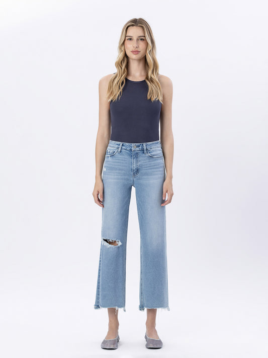 Front product images of Enviably - High Rise Uneven Raw Hem Crop Wide Leg Jeans