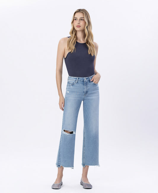 Front product images of Enviably - High Rise Uneven Raw Hem Crop Wide Leg Jeans