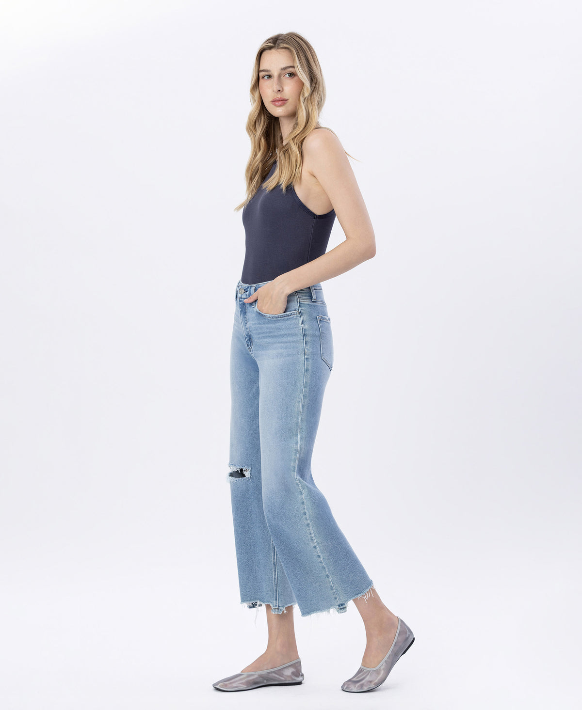 Left 45 degrees product image of Enviably - High Rise Uneven Raw Hem Crop Wide Leg Jeans