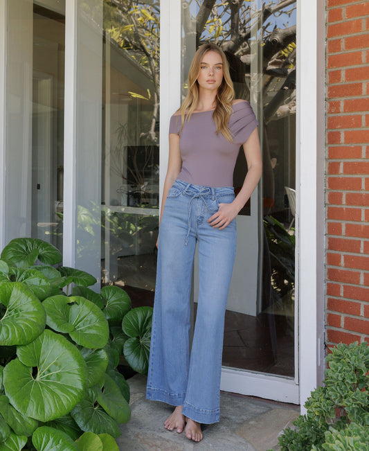 editorial image of Elatedly - Super High Rise Tie Waist Trouser Wide Leg Jeans