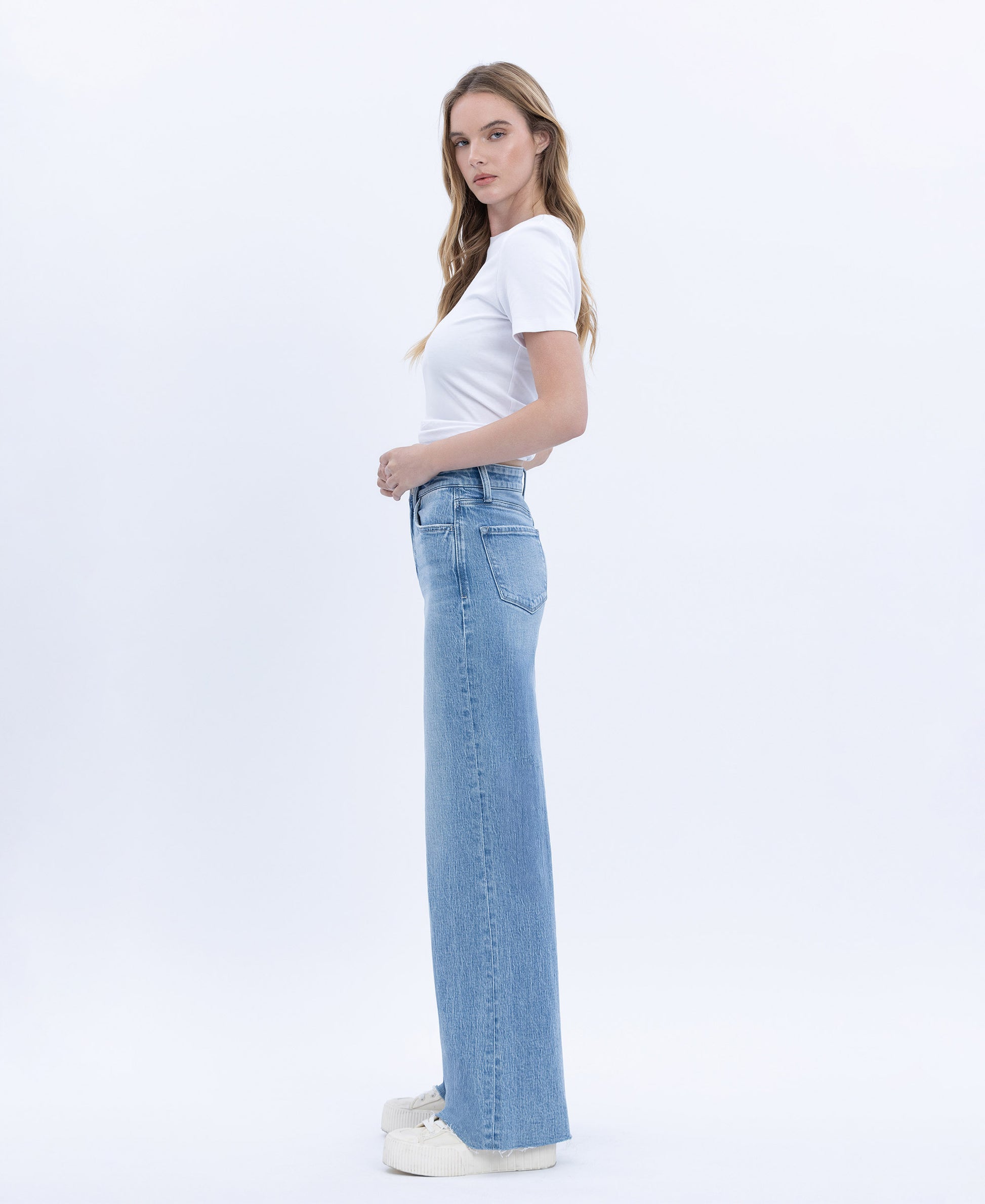 Left side product images of Poprock - High Rise Clean Cut Raw Hem Wide Leg Jeans