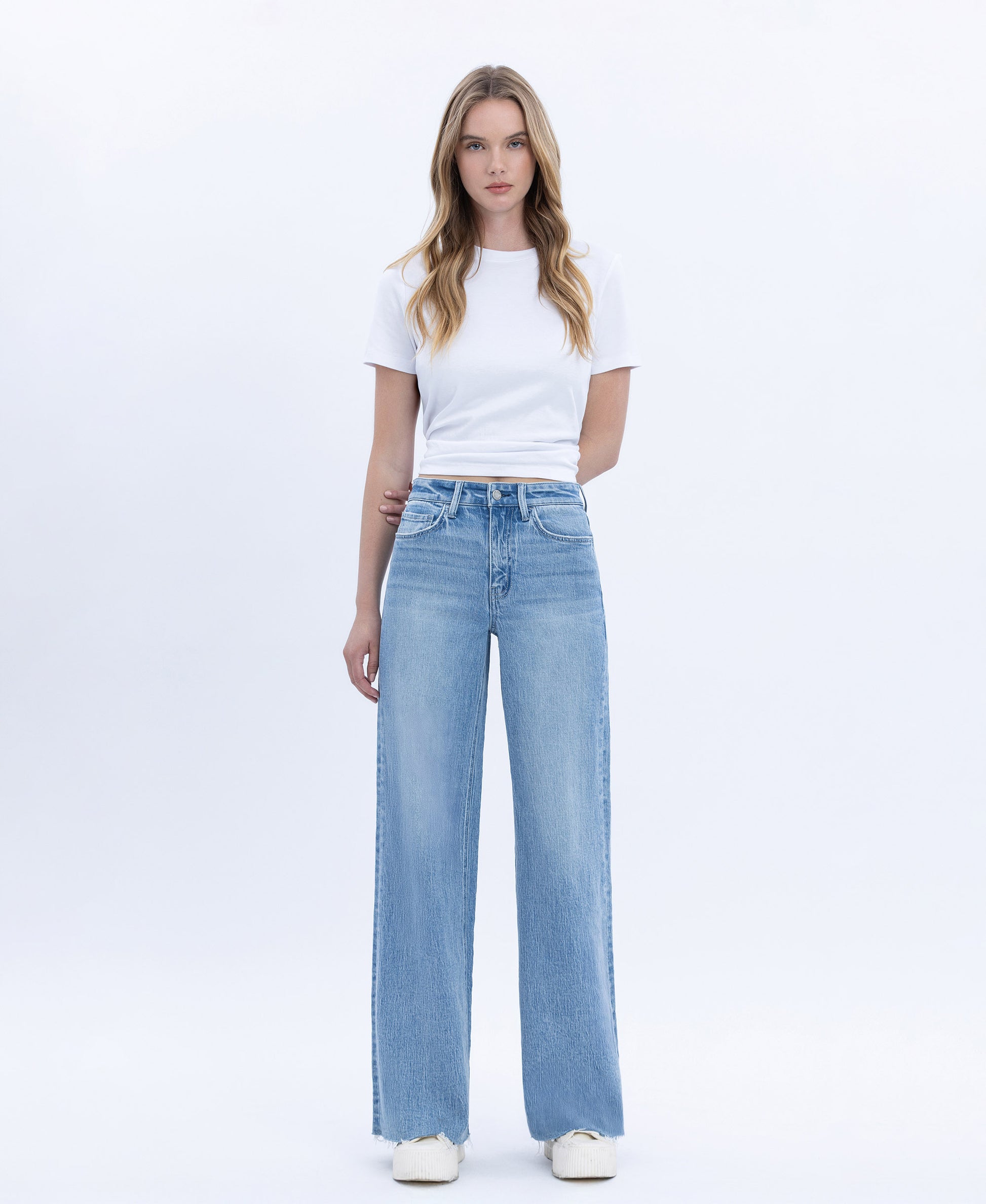 Front product images of Poprock - High Rise Clean Cut Raw Hem Wide Leg Jeans