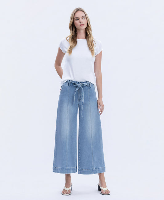Front product images of Valerie - High Rise Tie Waist Crop Palazzo Jeans