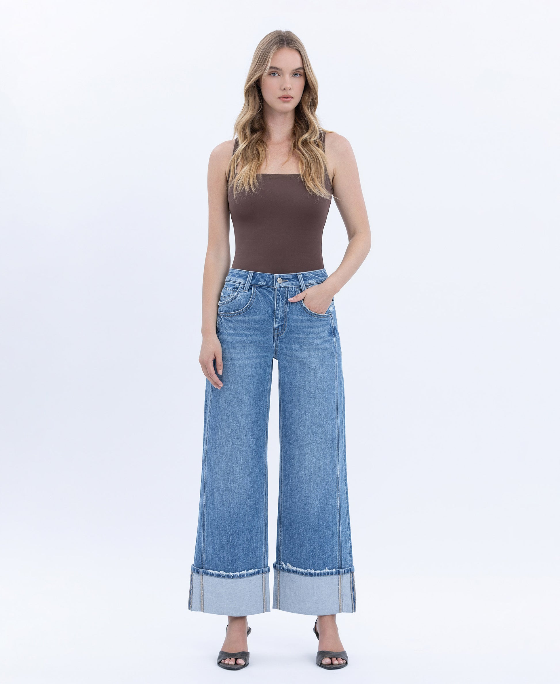 Front product images of Verdant Sephyr - High Rise Cuffed Baggy Wide Leg Jeans