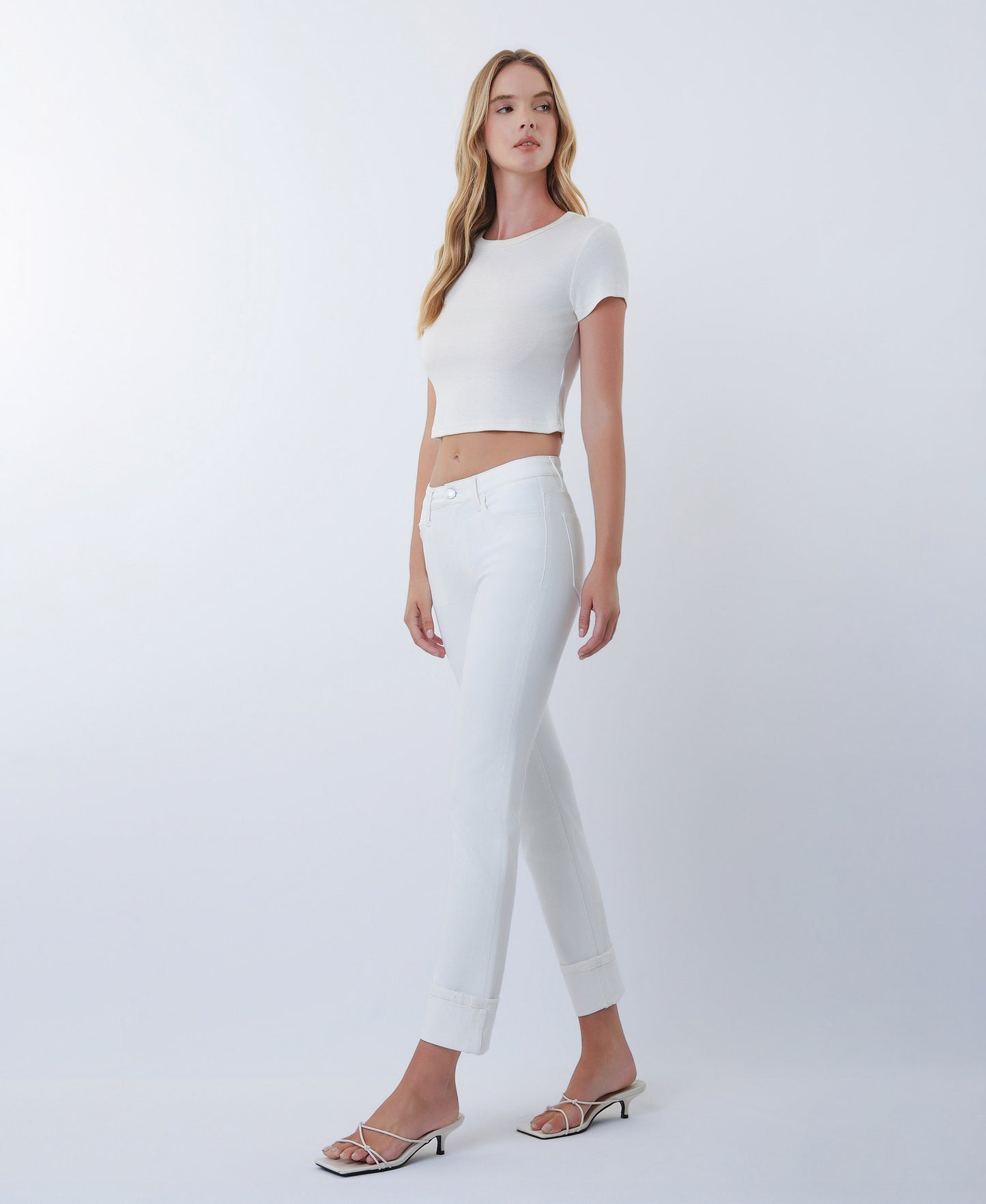 Left 45 degrees product image of Optic White - Mid Rise Cuffed Crop Slim Straight Jeans