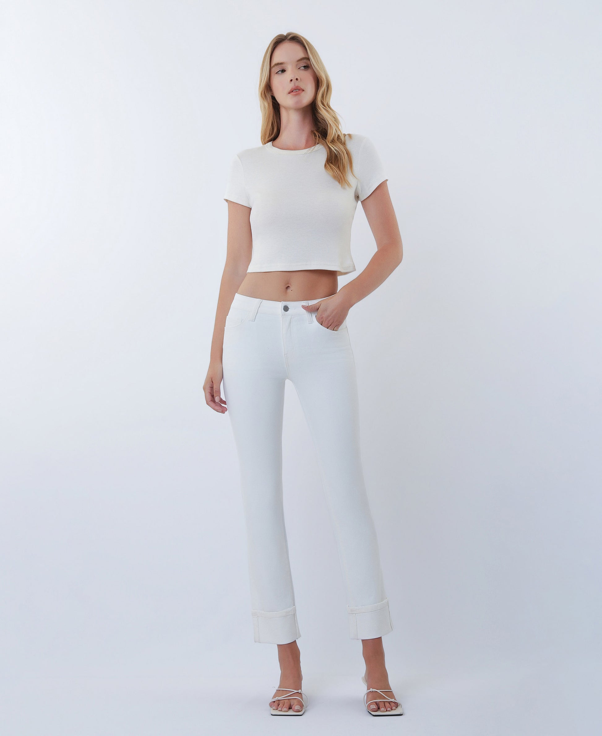 Front product images of Optic White - Mid Rise Cuffed Crop Slim Straight Jeans