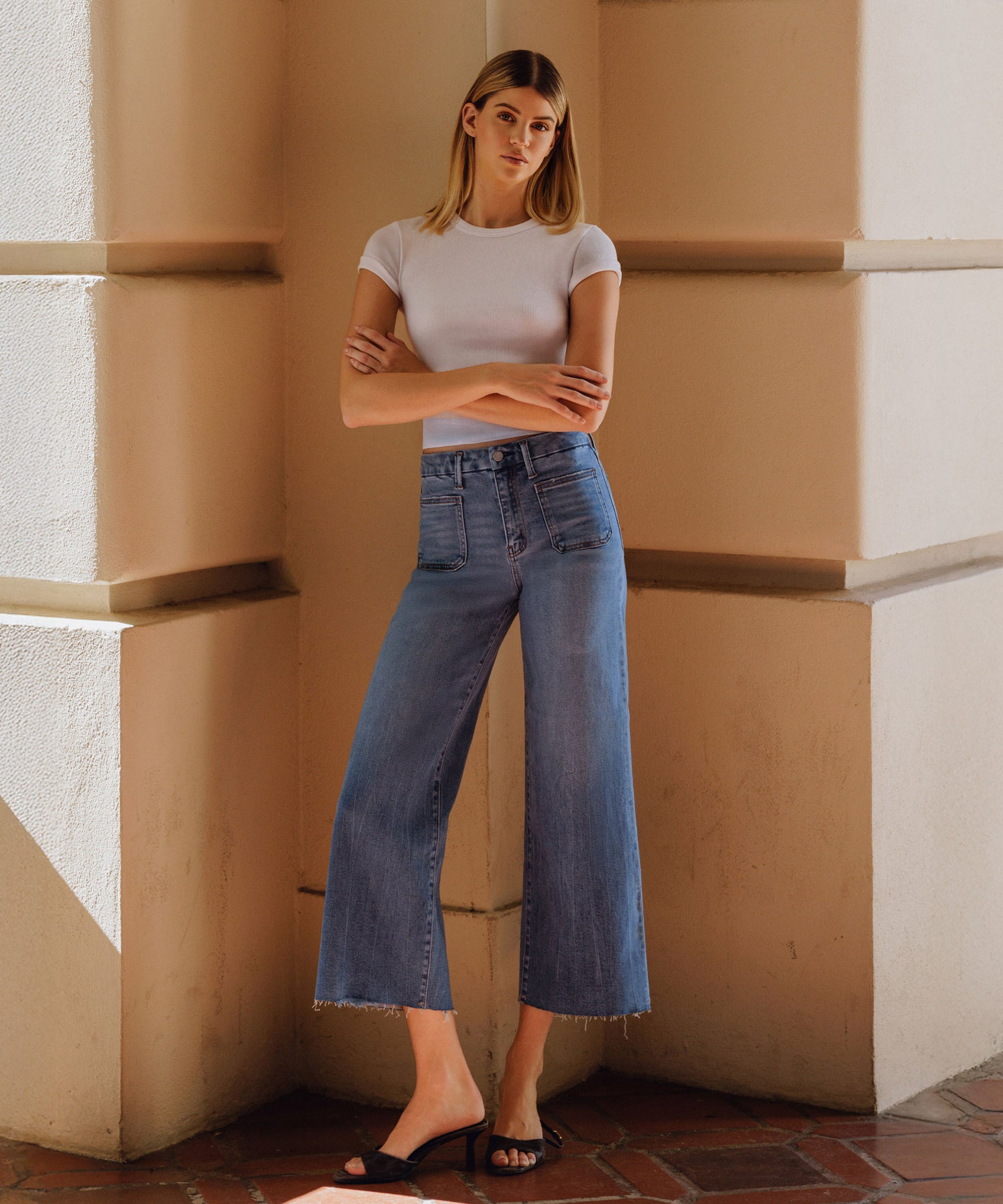 editorial image of Serene Promise - High Rise Comfort Waistband Crop Wide Leg Jeans