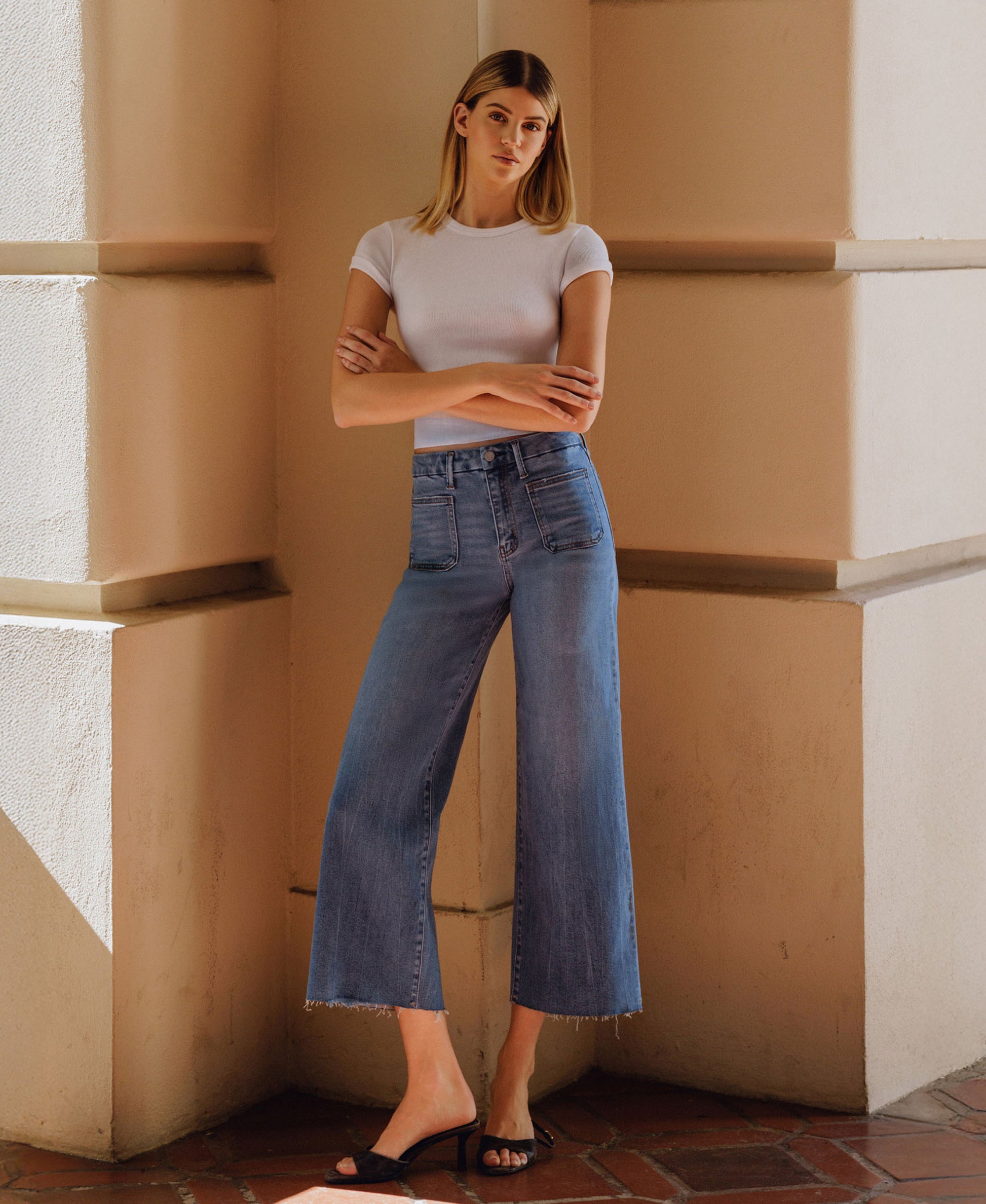 editorial image of Serene Promise - High Rise Comfort Waistband Crop Wide Leg Jeans