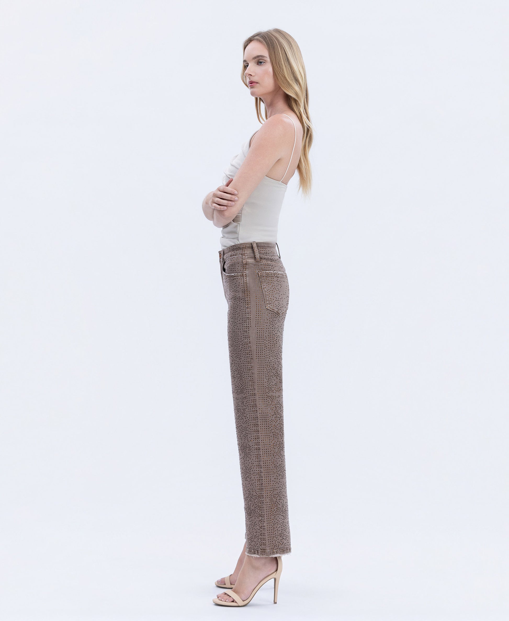 Left side product images of Fudge - High Rise Rhinestone Embellished Slim Wide Leg Jeans