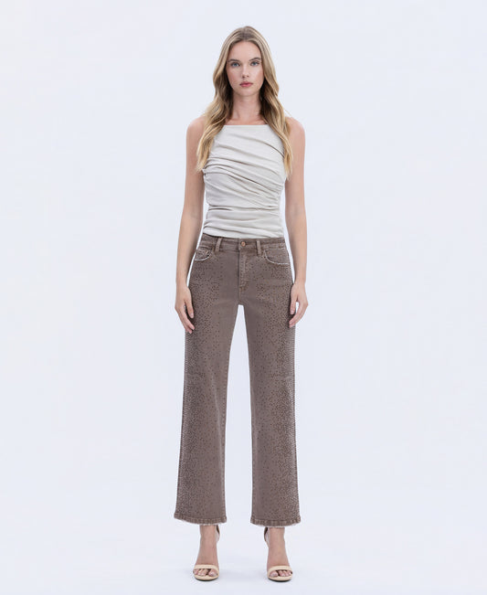 Front product images of Fudge - High Rise Rhinestone Embellished Slim Wide Leg Jeans
