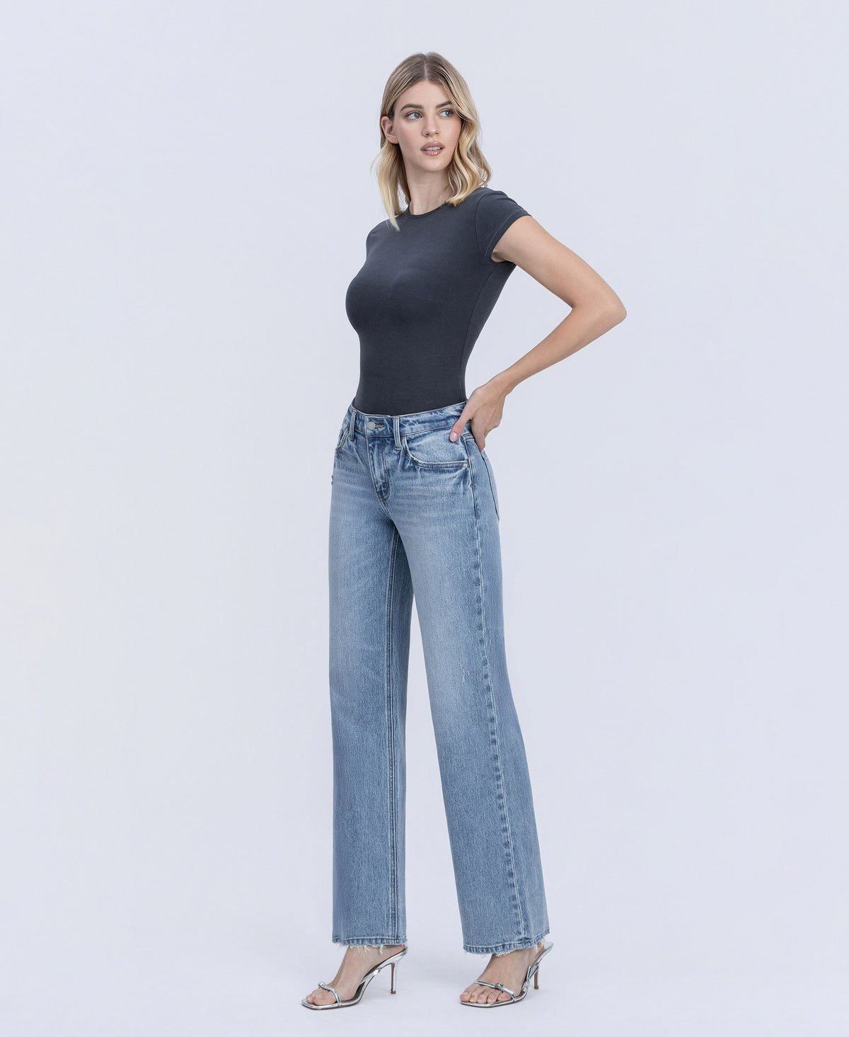 Left 45 degrees product image of Resplendent Wave - Mid Rise Slim Wide Leg Jeans