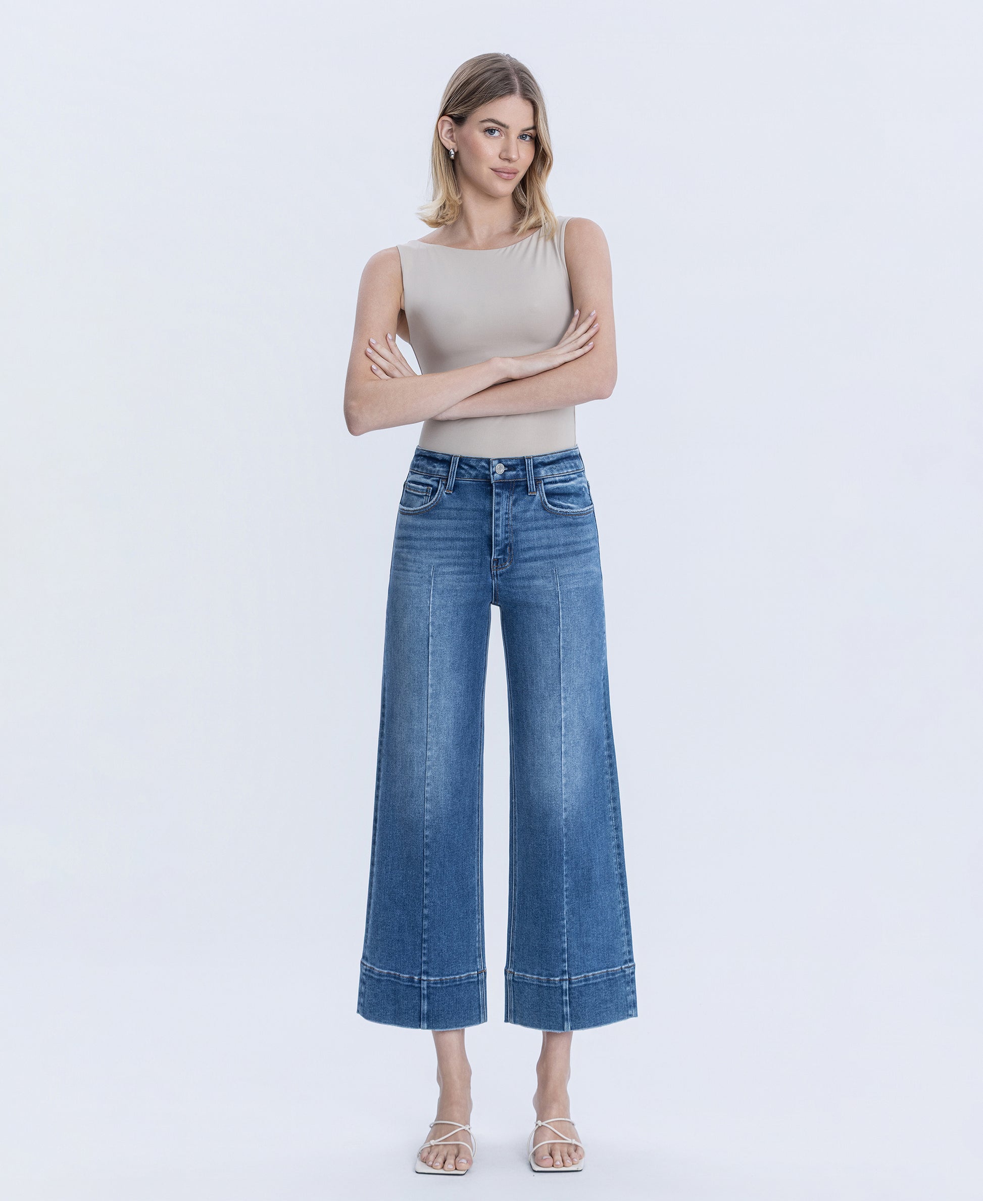 Front product images of Golden Aura - High Rise Trouser Hem Pin Tuck Ankle Wide Leg Jeans