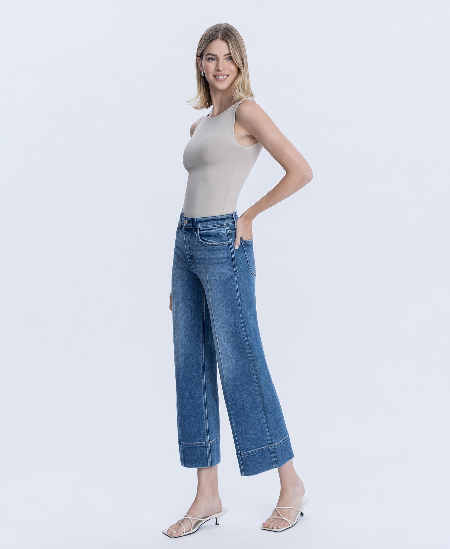 Left 45 degrees product image of Golden Aura - High Rise Trouser Hem Pin Tuck Ankle Wide Leg Jeans