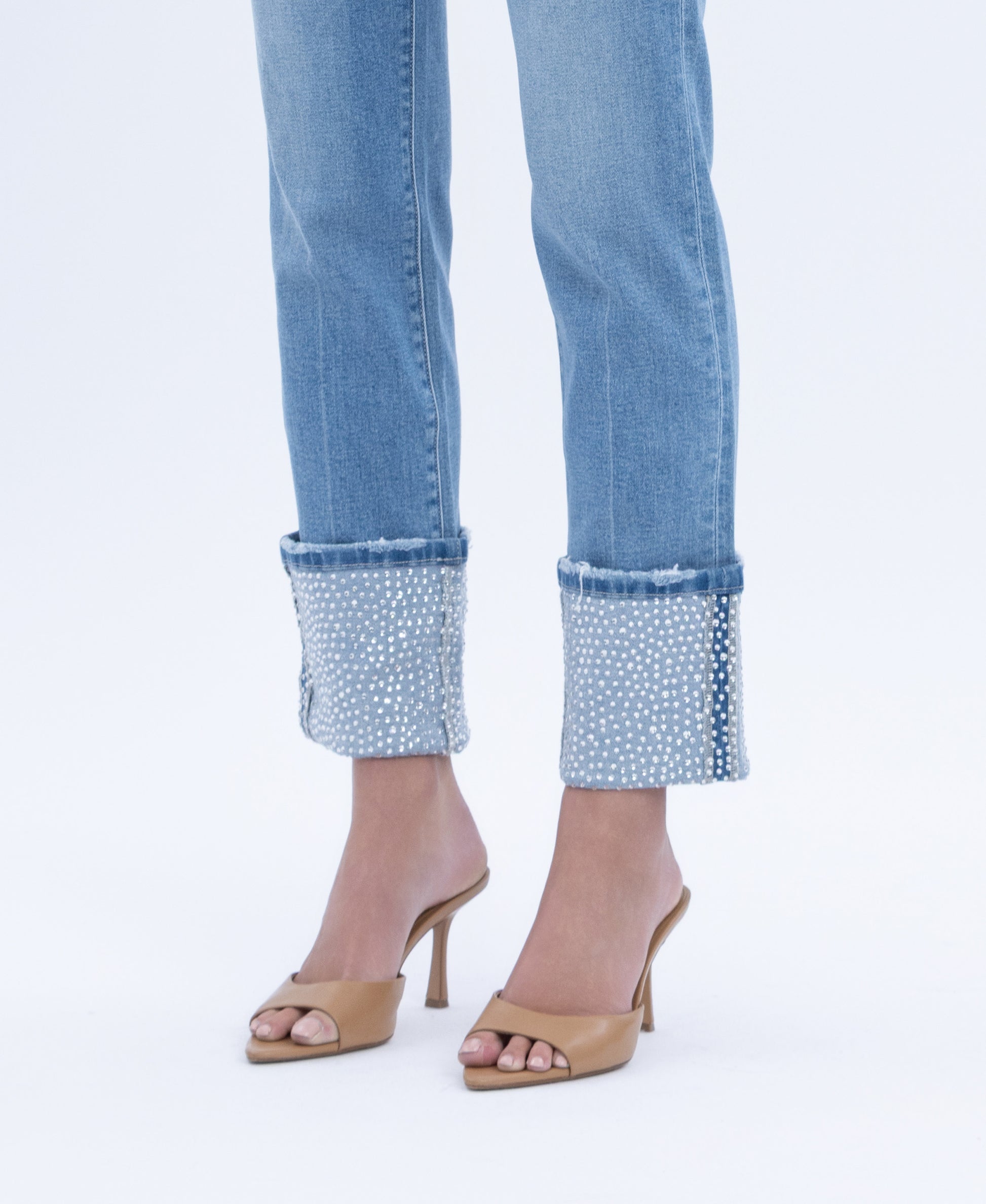 detail image of Elegant Serenity - High Rise Rhinestone Cuffed Slim Straight Jeans